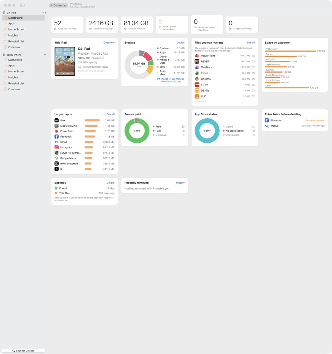 The Prunable Dashboard with an iPhone connected