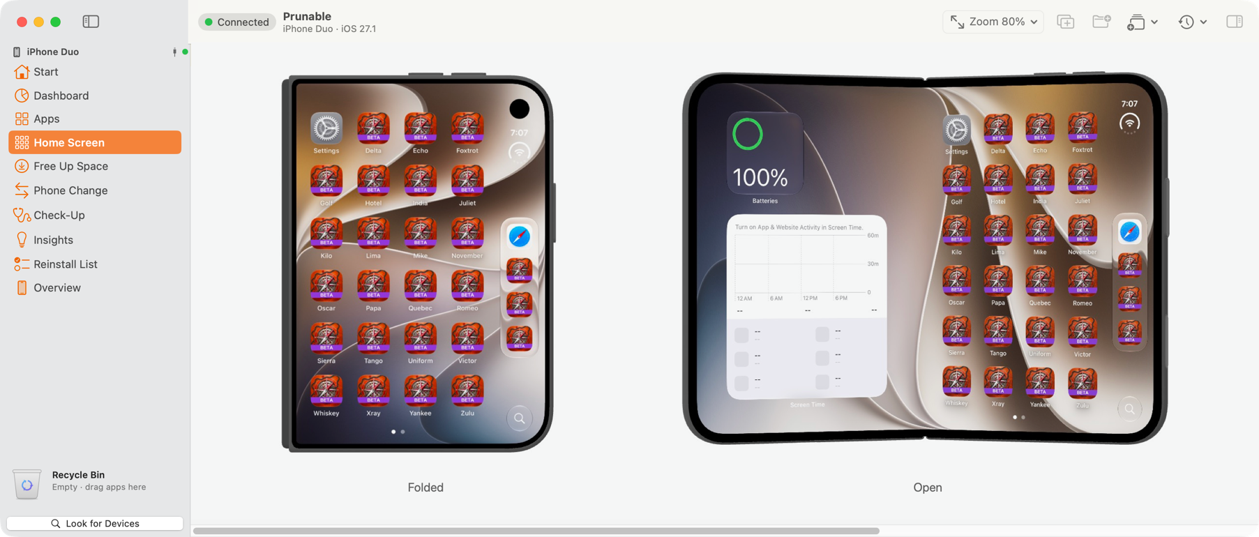 Prunable showing an iPhone Duo folded and open